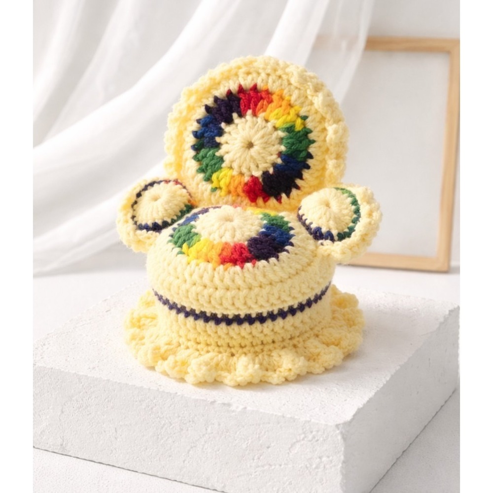 Vintage Mid Century Hand Crocheted Armchair Pincushion 6.5" Yellow/Multicolored